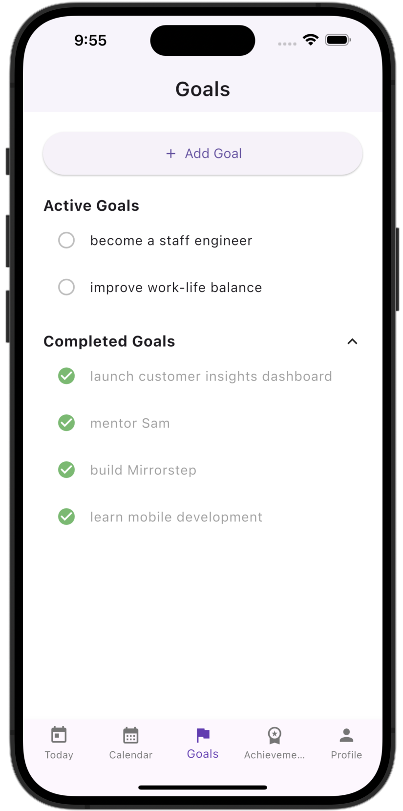 Goals screen